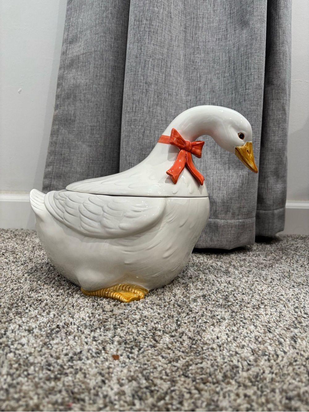 Vintage Otagiri Goose Cookie Jar W/red orange Bow Cottage Core Farmhouse 80s